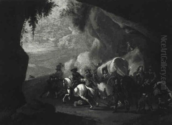 Bandits Attacking A Caravan Oil Painting by or Huchtenburgh, Jan van Huchtenberg