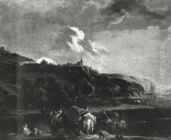Landscape With Travellers And A Wagon Oil Painting by or Huchtenburgh, Jan van Huchtenberg