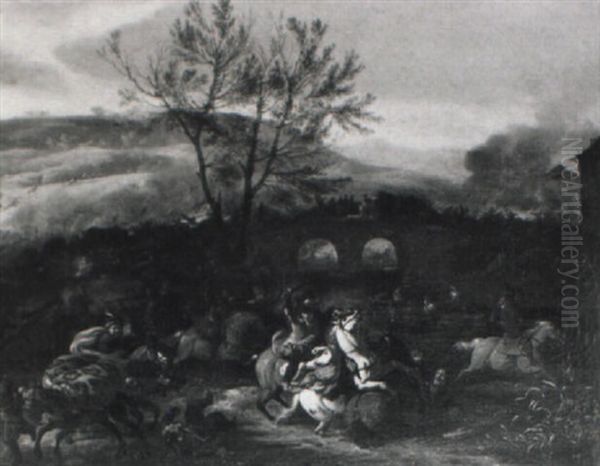Reitergefecht Nahe Einer Steinernen Bogenbrucke Oil Painting by or Huchtenburgh, Jan van Huchtenberg