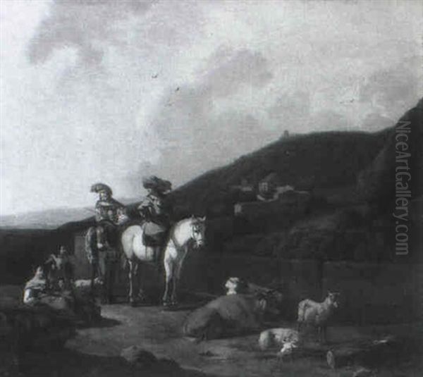 Shepherds Meeting A Hunting Party In An Italianate Landscape Oil Painting by or Huchtenburgh, Jan van Huchtenberg