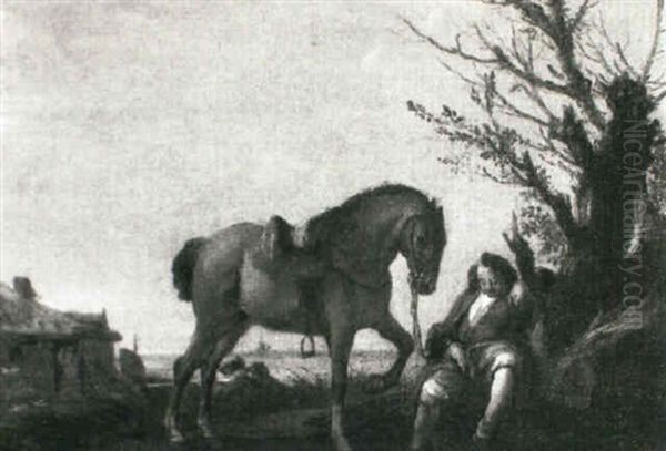 A Rider Sleeping Beside A Blasted Tree At A Roadside, His   Horse Tethered At His Side Oil Painting by or Huchtenburgh, Jan van Huchtenberg