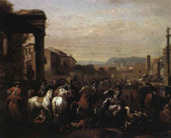 Stadsbild Med Ryttare Och Commedia Dell'artefigurer Oil Painting by or Huchtenburgh, Jan van Huchtenberg