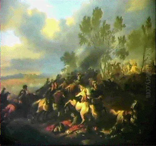 Reitersgefecht Zwischen Kaiserlichen Und Turken In Einer    Bewaldeten Landschaft Oil Painting by or Huchtenburgh, Jan van Huchtenberg