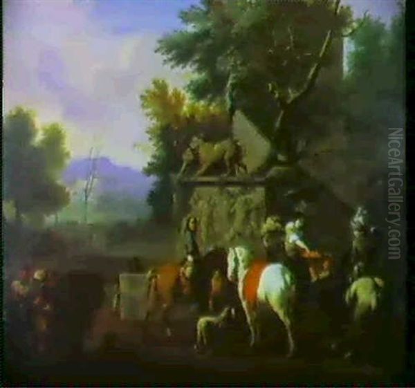 Cavaliers Pres D'une Fontaine Oil Painting by or Huchtenburgh, Jan van Huchtenberg