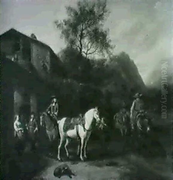 Southern Landscape With Travellers Resting Beside An Inn Oil Painting by or Huchtenburgh, Jan van Huchtenberg