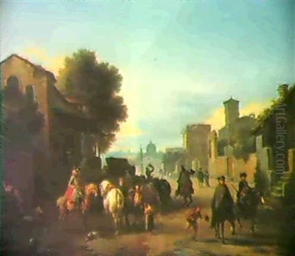 Horsemen And Other Figures In A Roman Street Oil Painting by or Huchtenburgh, Jan van Huchtenberg