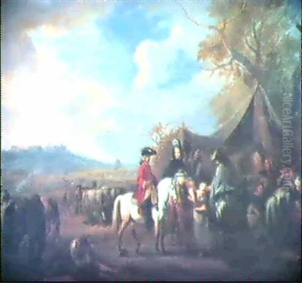 Der Besuch (ein Furstliches Paar In Der Tracht Des 18.      Jahrhunderts Besucht Zu Pferde Ein Soldatencamp) Oil Painting by or Huchtenburgh, Jan van Huchtenberg