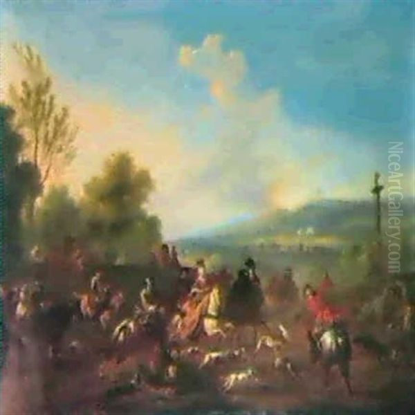 A Hunting Party In An Italianate Landscape. Oil Painting by or Huchtenburgh, Jan van Huchtenberg