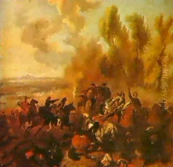 A Cavalry Engagement. Oil Painting by or Huchtenburgh, Jan van Huchtenberg