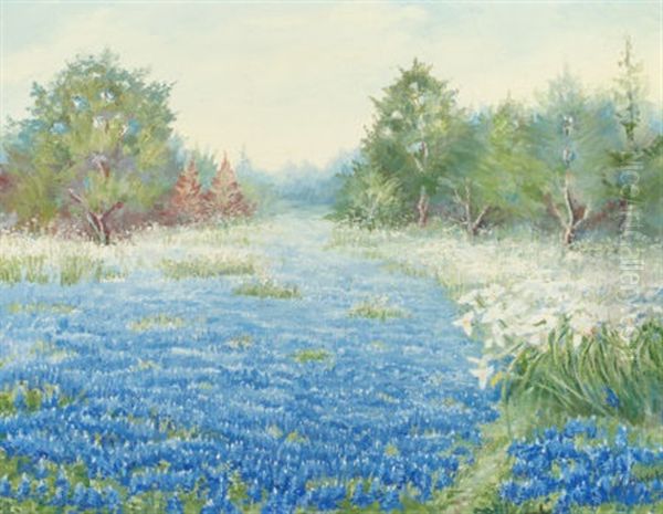Field Of Bluebonnets Oil Painting by Nannie Zenobia Huddle
