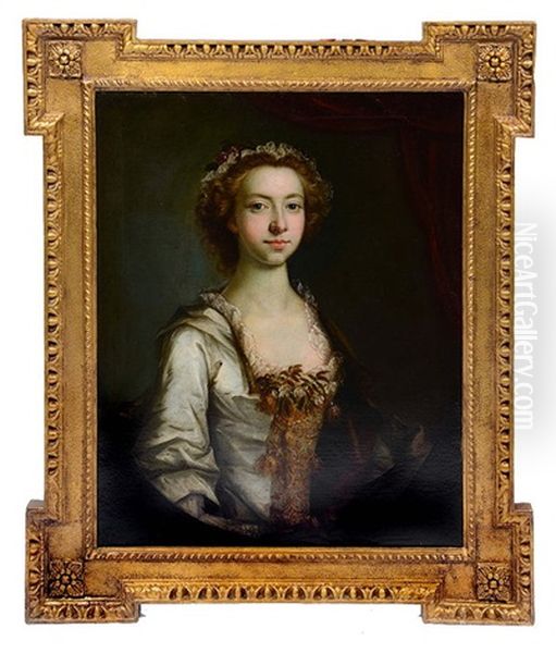 Portrait Of A Lady With Brown Curly Hair Wearing A Lace Trimmed Headdress Oil Painting by Thomas Hudson