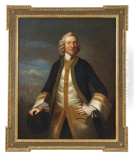 Portrait Of A Gentleman Captain Thomas Lake?) In A Gold Embroidered Blue Coat And White Waistcoat, His Hand Resting On A Cannon, In A Landscape... Oil Painting by Thomas Hudson