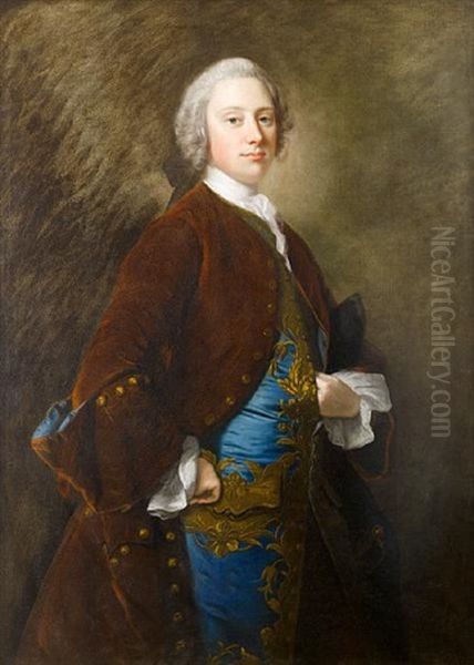 Portrait Of Assheton Curzon, 1st Viscount Curzon In A Brown Velvet Coat And Blue Waistcoat Trimmed With Gold, A Tricorn Hat Beneath His Left Arm Oil Painting by Thomas Hudson