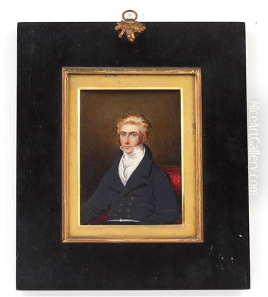 A Pair Of Portrait Miniatures Of A Husband And Wife; The Former, Seated On A Red Upholstered Chair, Wearing Navy Double-breasted Coat, White And Blue Spotted Waistcoat, White Chemise (pair) Oil Painting by William Hudson