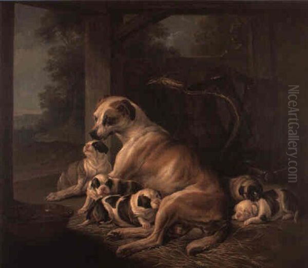 A Mastiff And Her Puppies In An Outhouse Oil Painting by Christophe Huet