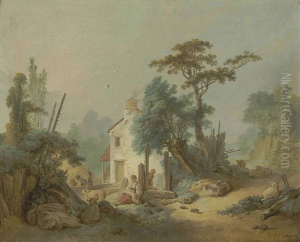A Pastoral Landscape With Figures And Sheep Oil Painting by Jean Baptiste Huet