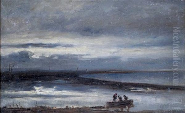 Barques A Maree Basse Oil Painting by Paul Huet