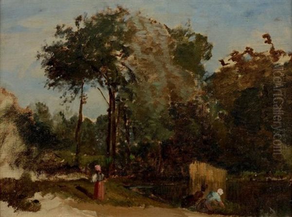 Lavandieres A L'etang (environs De Sevres) Oil Painting by Paul Huet