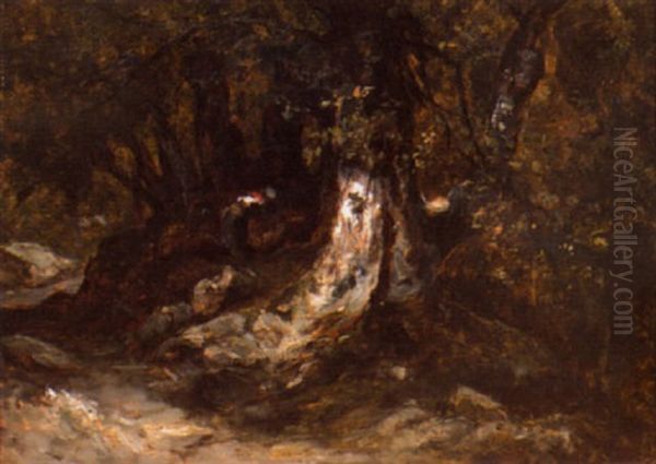 Paysanne Dans La Foret De Fontainebleau Oil Painting by Paul Huet