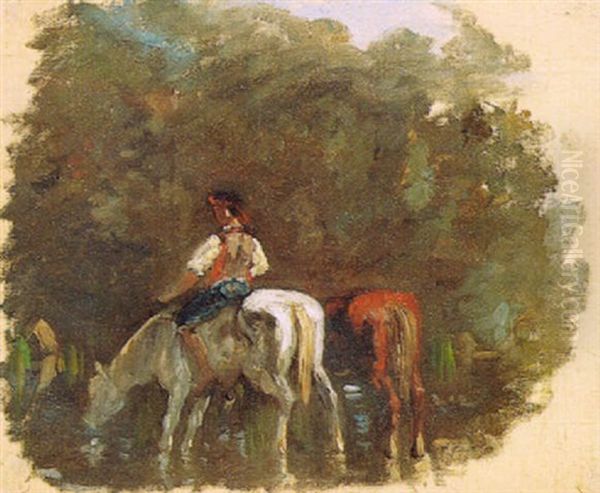 Chevaux A L'abreuvoir Oil Painting by Paul Huet