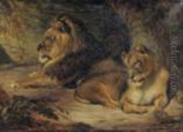 Lion And Lioness Beside A Tree Oil Painting by William Huggins