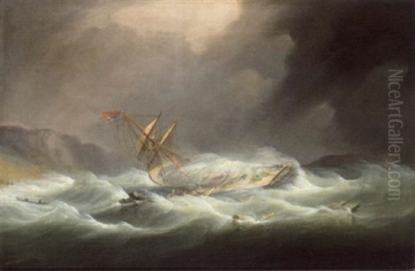 Survivors Rescued From A Shipwreck In A Storm Oil Painting by William John Huggins