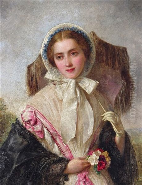 Portrait Of A Young Lady With A Parasol And Flowers Oil Painting by Edward Hughes