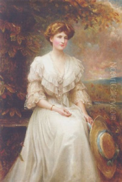 Portrait Of Lady Dorothy Meynell, In A White Dress, Holding A Straw Hat, Seated In A Landscape Oil Painting by Edward Hughes