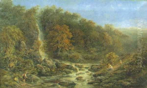 Figurer I Engelskt Landskap Med Vattenfall Oil Painting by John Joseph Hughes