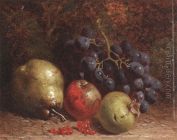 A Pear, Grapes, Apples And Redcurrants On A Mossy Bank Oil Painting by William Hughes