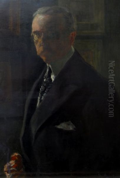 Self Portrait Of The Artist, Standing Turned To The Left In As Dark Coat In An Interior Hung With Paintings Oil Painting by Georges-Victor Hugo