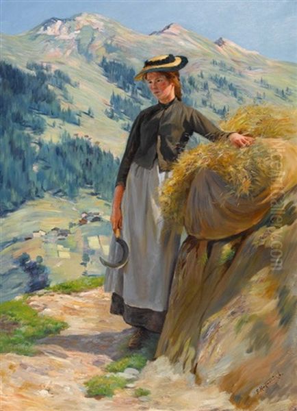Rastende Schnitterin In Den Walliser Bergen Oil Painting by Fritz Huguenin