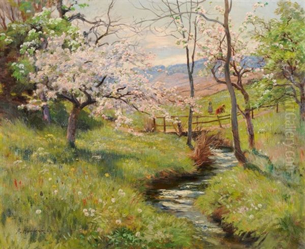 Fruhlingslandschaft Mit Spielenden Kindern Oil Painting by Fritz Huguenin