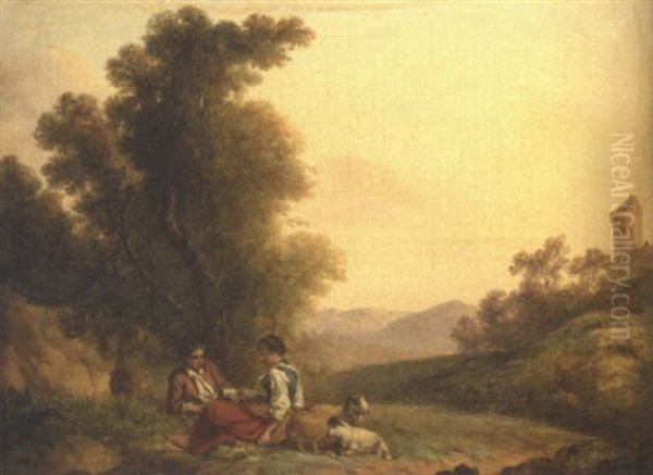 Couple De Bergers Dans Un Paysage Oil Painting by Victor Louis Hugues