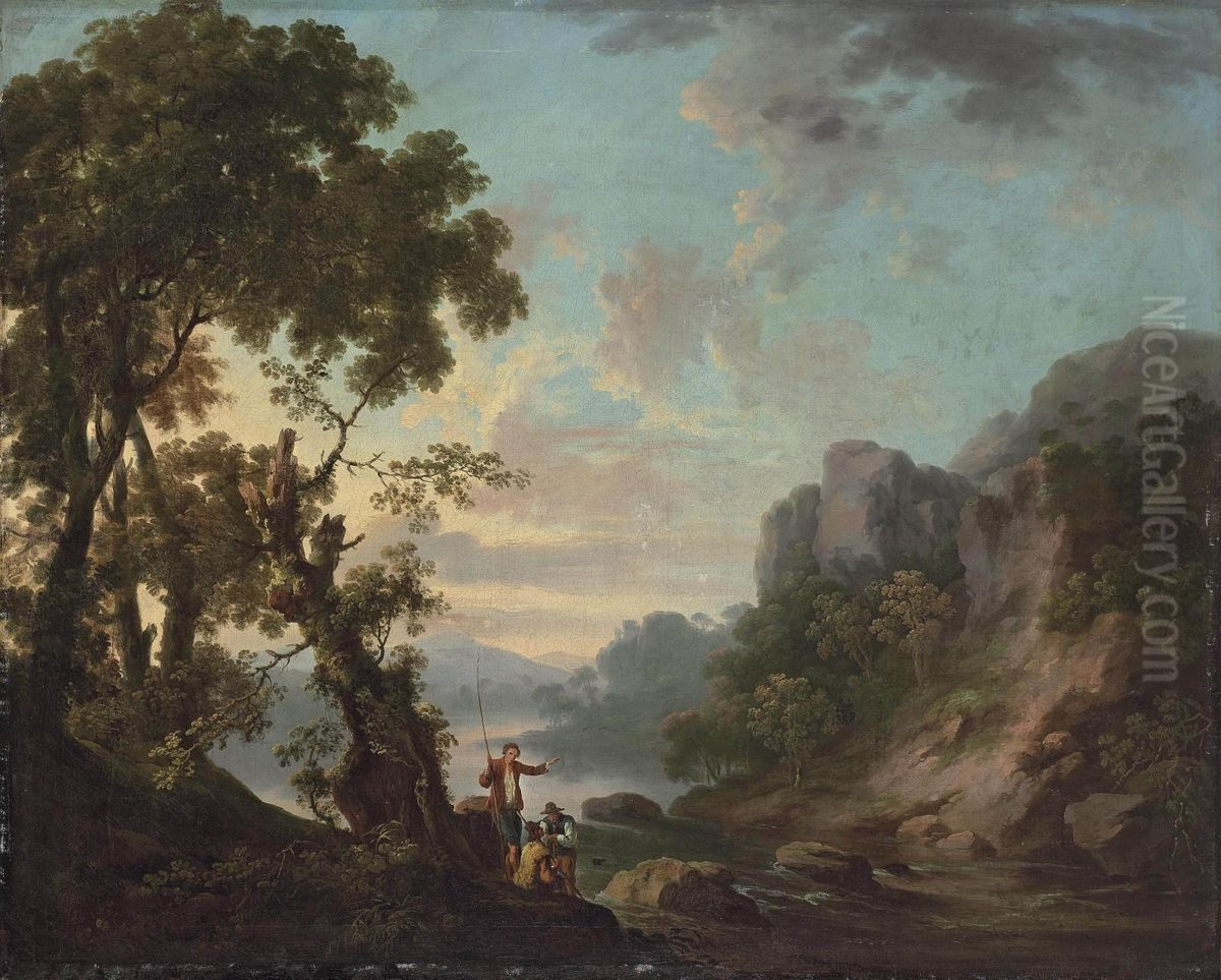 Wooded Landscape With A Lake, Anglers In The Foreground Oil Painting by George Cuitt