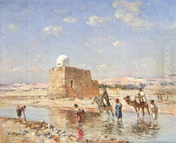 Le Passage De Gue Oil Painting by Victor Pierre Huguet