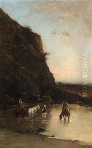 Cavaliers Arabes S'abreuvant A L'oued Oil Painting by Victor Pierre Huguet