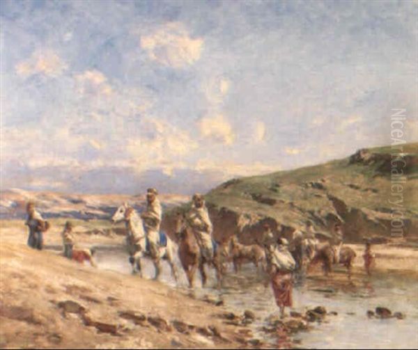 Arab Horsemen Fording A River Oil Painting by Victor Pierre Huguet