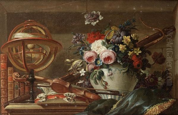 Roses, Tulips, Narcissi And Other Flowers In A Vase With An Armillary Sphere, A Violin And Other Instruments On A Draped Stone Ledge Oil Painting by Pierre Nicolas Huilliot