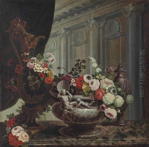 Vase, Aiguiere Et Pot Orne De Fleurs Oil Painting by Pierre Nicolas Huilliot