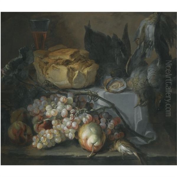 Still Life With A Loaf Of Bread, Oysters, Grapes And Dead Game Oil Painting by Pierre Nicolas Huilliot