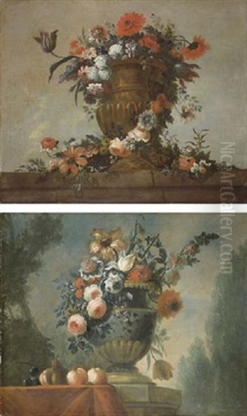Urne Remplie De Fleurs Posee Sur Un Entablement (+ Urne Remplie De Fleurs Posee Sur Un Entablement; Pair) Oil Painting by Pierre Nicolas Huilliot