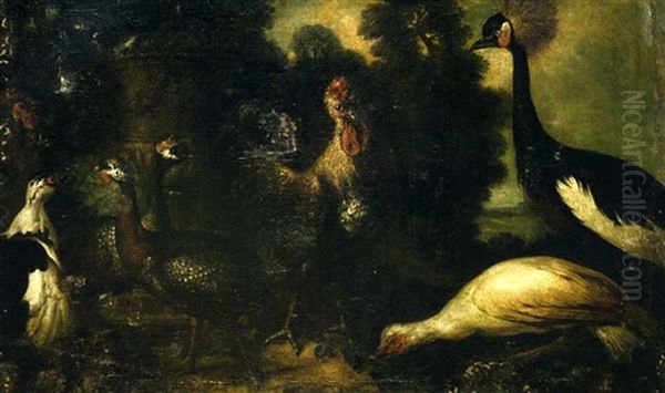 Coqs, Paon Et Pindates Pres D'une Vasque Dans Un Parc Oil Painting by Pierre Nicolas Huilliot