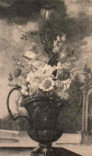 A Still Life Of A Crown Imperial And Other Flowers In An Urn, A Garden Beyond Oil Painting by Pierre Nicolas Huilliot