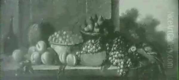 Coupe De Fraises, Raisins Et Pasteque Avec Perroquet Sur Un Fond De Paysage Oil Painting by Pierre Nicolas Huilliot