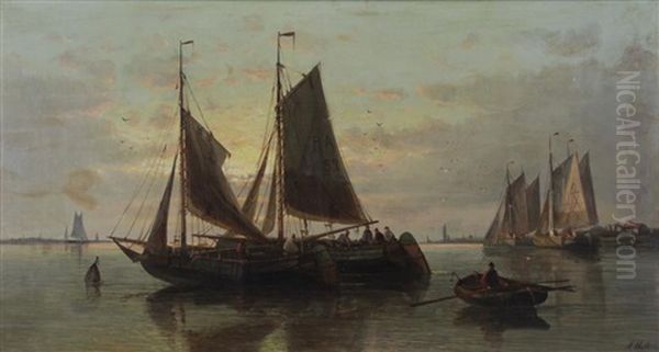 Fishing Boats At Dusk Oil Painting by Abraham Hulk the Elder