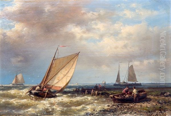 Dutch Fishing Barges Heading Offshore In A Choppy Sea Oil Painting by Abraham Hulk the Elder
