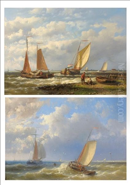 Figures And Fishing Boats In A Dutch Estuary (+ Fishing Boats In A Breeze Off A Coastline; Pair) Oil Painting by Abraham Hulk the Elder