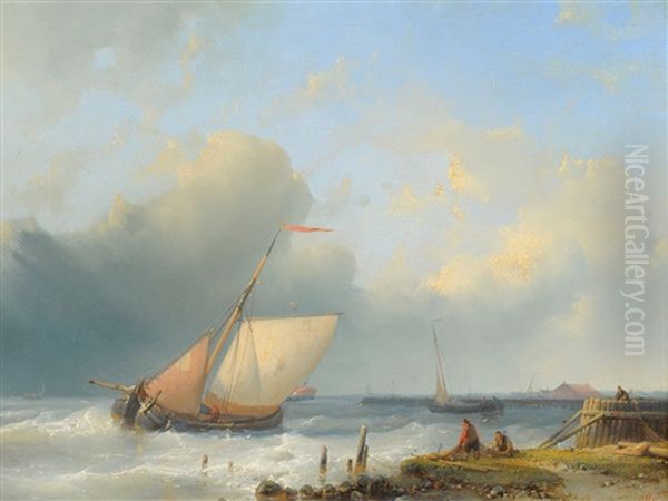 Fishing Boats In A Dutch Estuary With Figures Drying Nets In The Foreground Oil Painting by Abraham Hulk the Elder