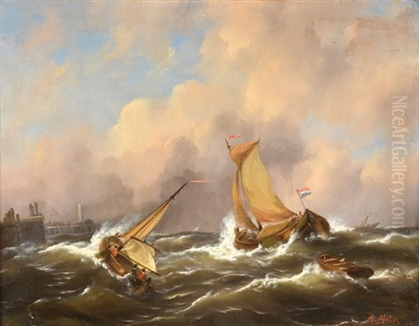 Barcas Pesqueras Cerca De Un Muelle Oil Painting by Abraham Hulk the Elder